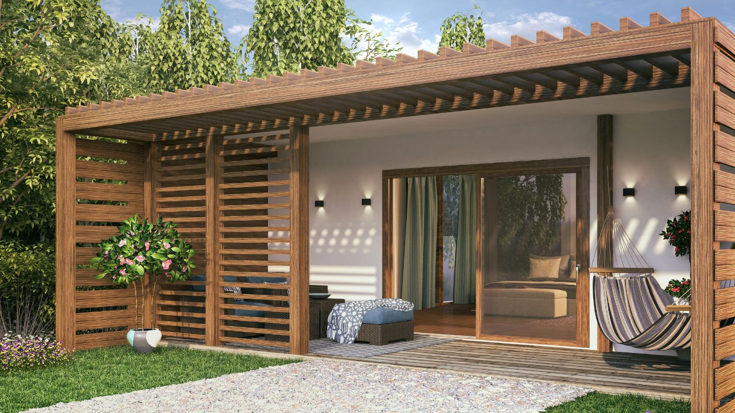 An Accessory Dwelling Unit photographed from outside with a patio