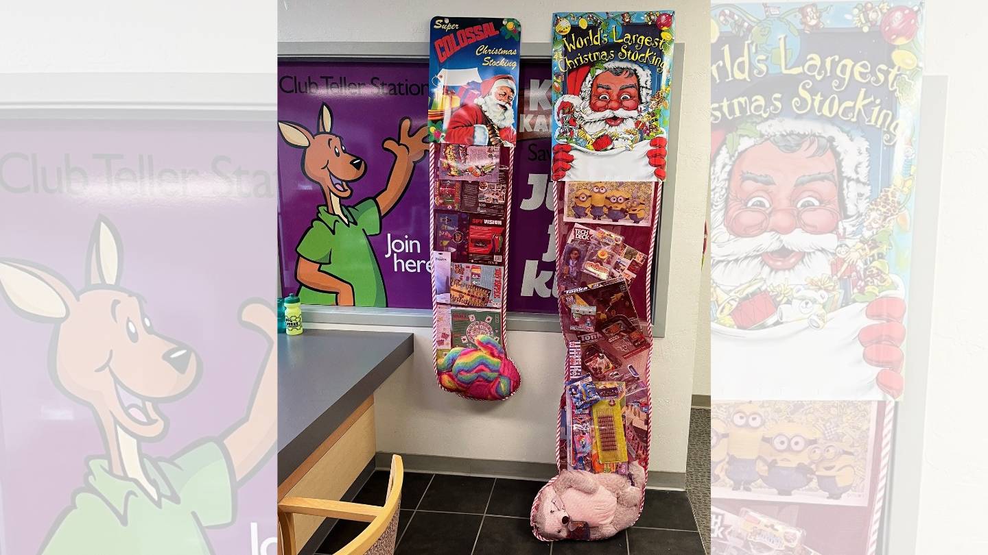 Two giant Christmas stockings filled with toys